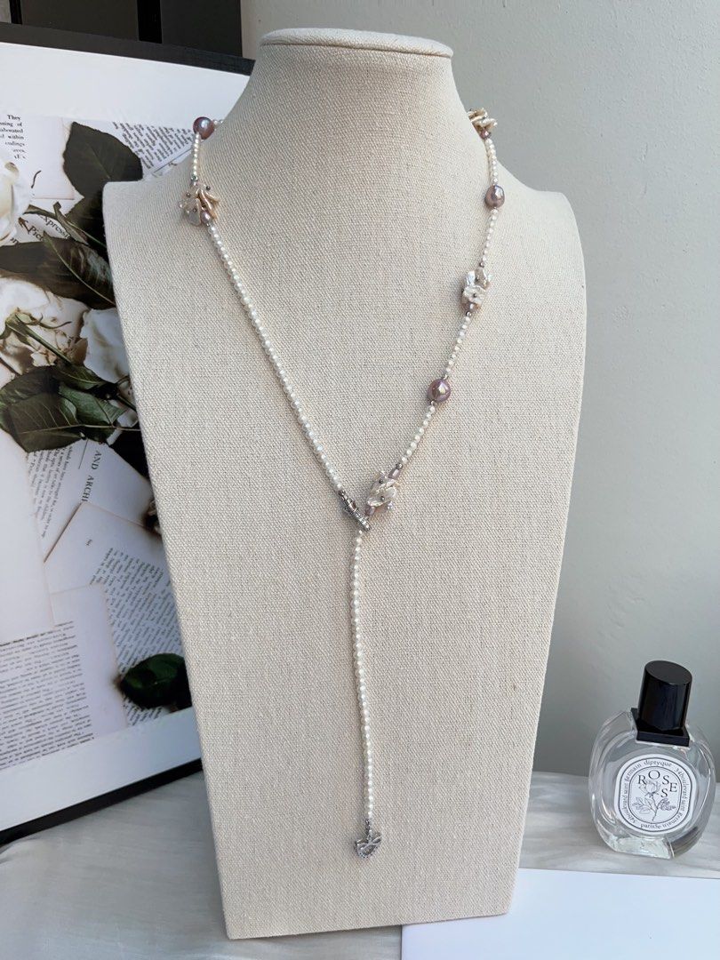 #PN969 [Floral Series] Freshwater Pearl Necklace | 67cm Sweater Necklace | Classic Y Shaped Necklace | Multiple Wearable Ways| Deep Purple Baroque | Baby Pearl & Petals | Mood Refresher