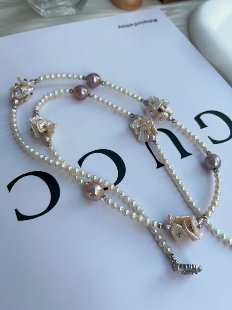 #PN969 [Floral Series] Freshwater Pearl Necklace | 67cm Sweater Necklace | Classic Y Shaped Necklace | Multiple Wearable Ways| Deep Purple Baroque | Baby Pearl & Petals | Mood Refresher