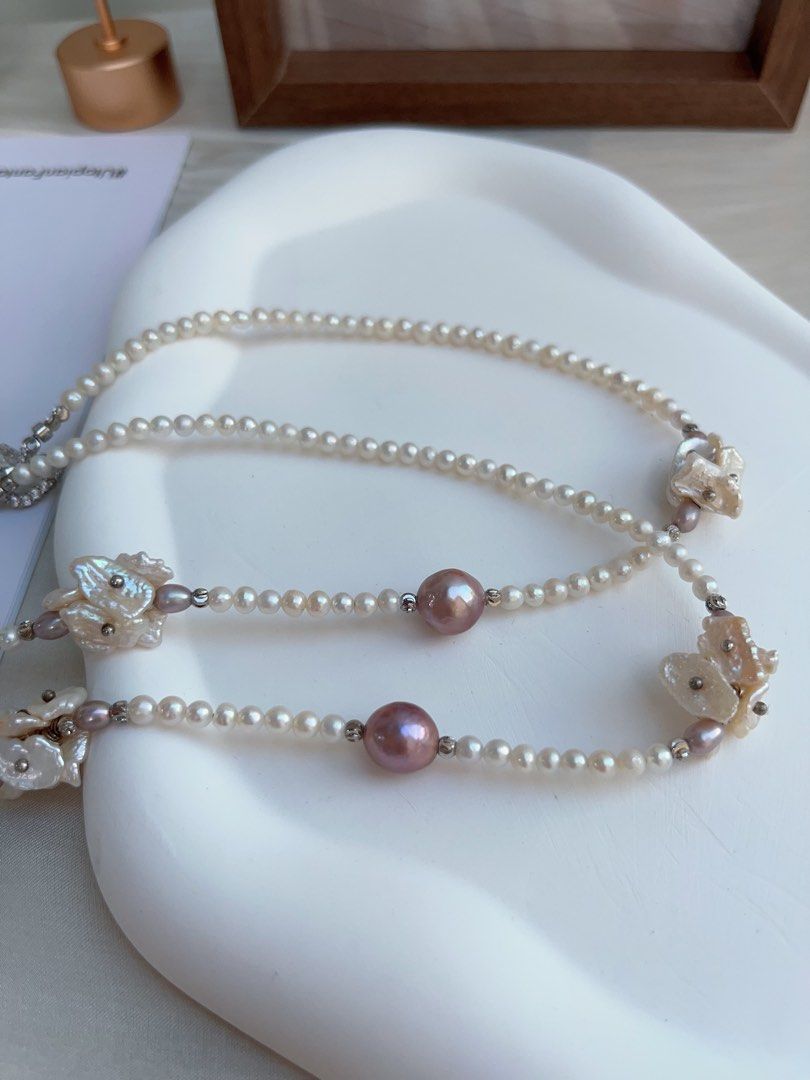 #PN969 [Floral Series] Freshwater Pearl Necklace | 67cm Sweater Necklace | Classic Y Shaped Necklace | Multiple Wearable Ways| Deep Purple Baroque | Baby Pearl & Petals | Mood Refresher