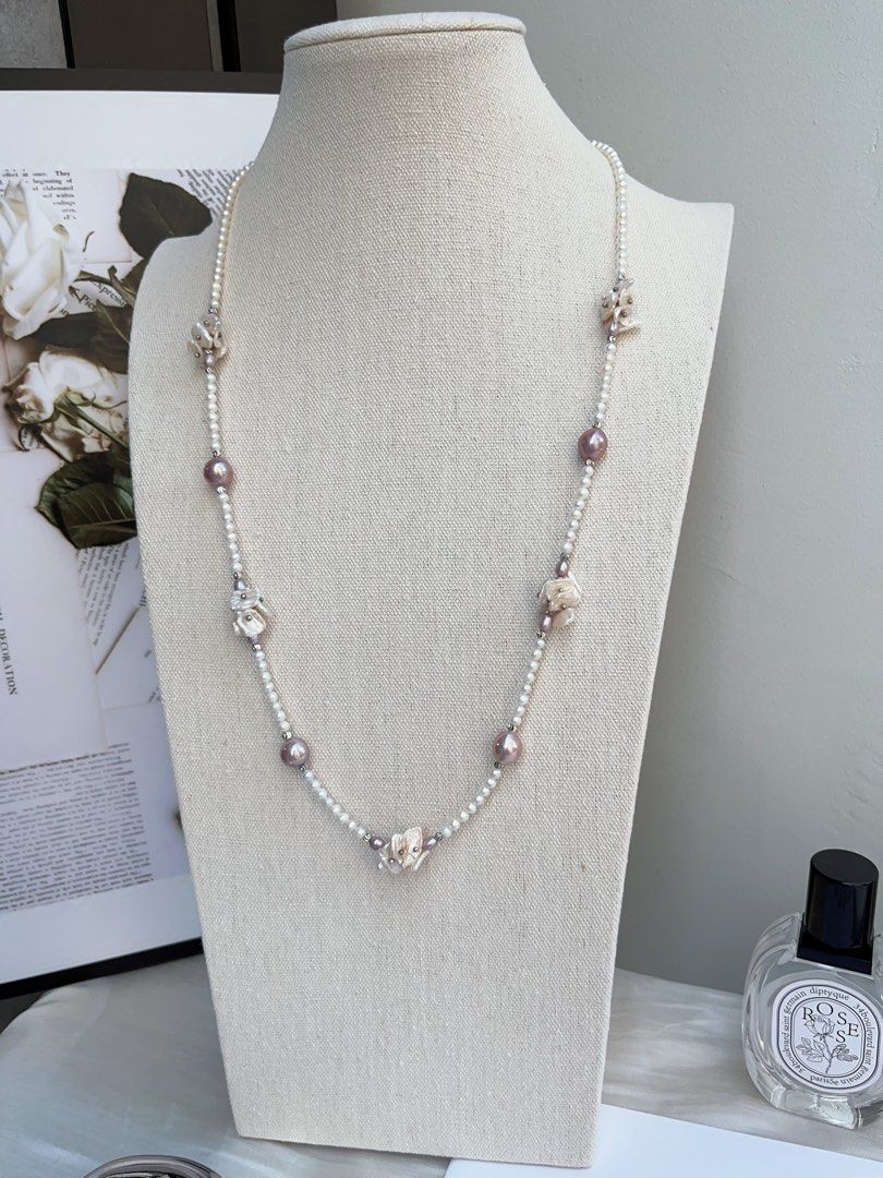 #PN969 [Floral Series] Freshwater Pearl Necklace | 67cm Sweater Necklace | Classic Y Shaped Necklace | Multiple Wearable Ways| Deep Purple Baroque | Baby Pearl & Petals | Mood Refresher