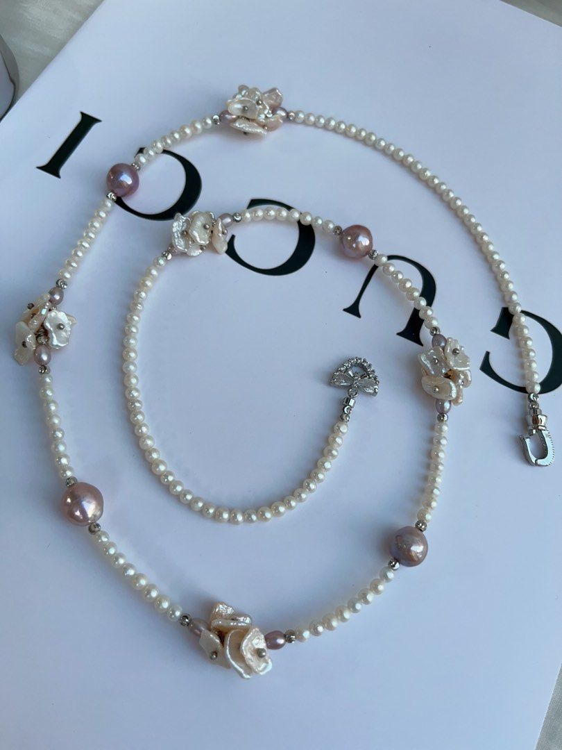 #PN969 [Floral Series] Freshwater Pearl Necklace | 67cm Sweater Necklace | Classic Y Shaped Necklace | Multiple Wearable Ways| Deep Purple Baroque | Baby Pearl & Petals | Mood Refresher