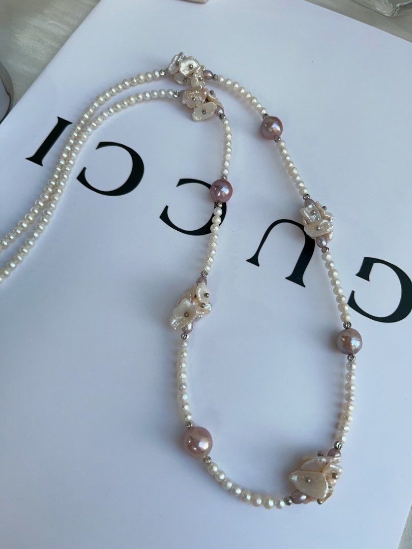 #PN969 [Floral Series] Freshwater Pearl Necklace | 67cm Sweater Necklace | Classic Y Shaped Necklace | Multiple Wearable Ways| Deep Purple Baroque | Baby Pearl & Petals | Mood Refresher