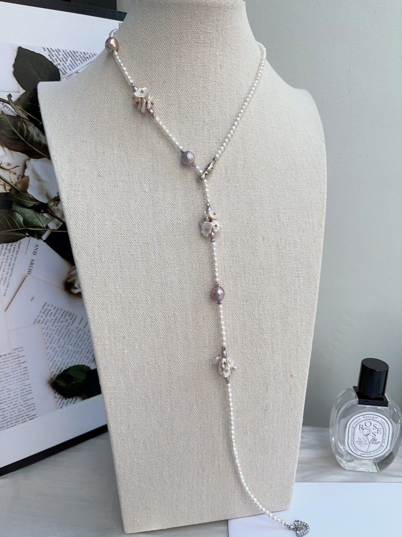 #PN969 [Floral Series] Freshwater Pearl Necklace | 67cm Sweater Necklace | Classic Y Shaped Necklace | Multiple Wearable Ways| Deep Purple Baroque | Baby Pearl & Petals | Mood Refresher