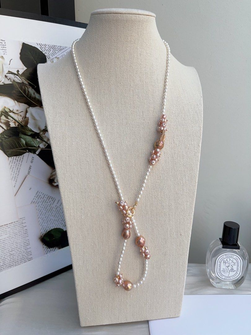 #PN972 [Floral Series] Freshwater Pearl Necklace | Sweater Necklace 83cm| 2 Rounds | Baby Pearls with Growth Lines| Superb Lustre Big Fishtail Baroque | Vintage Golden | Avocado Lustre| Multiple Way of Wearing | Keep Up with Your Ever-changing Styles