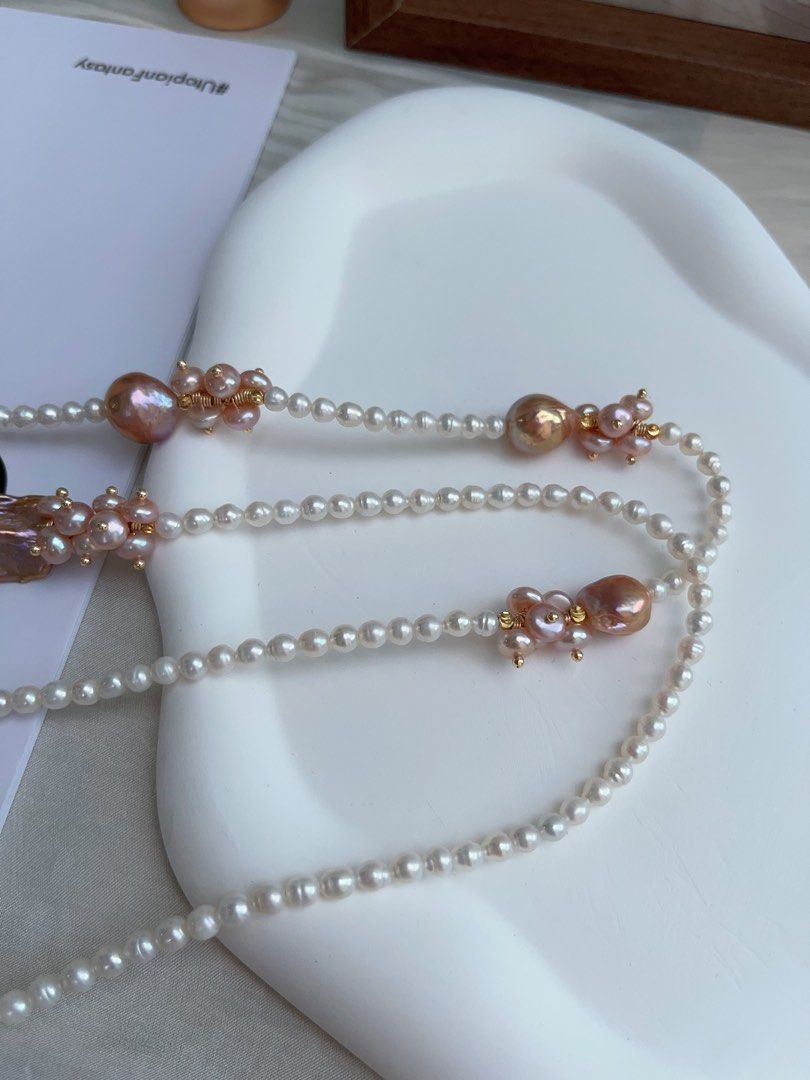 #PN972 [Floral Series] Freshwater Pearl Necklace | Sweater Necklace 83cm| 2 Rounds | Baby Pearls with Growth Lines| Superb Lustre Big Fishtail Baroque | Vintage Golden | Avocado Lustre| Multiple Way of Wearing | Keep Up with Your Ever-changing Styles