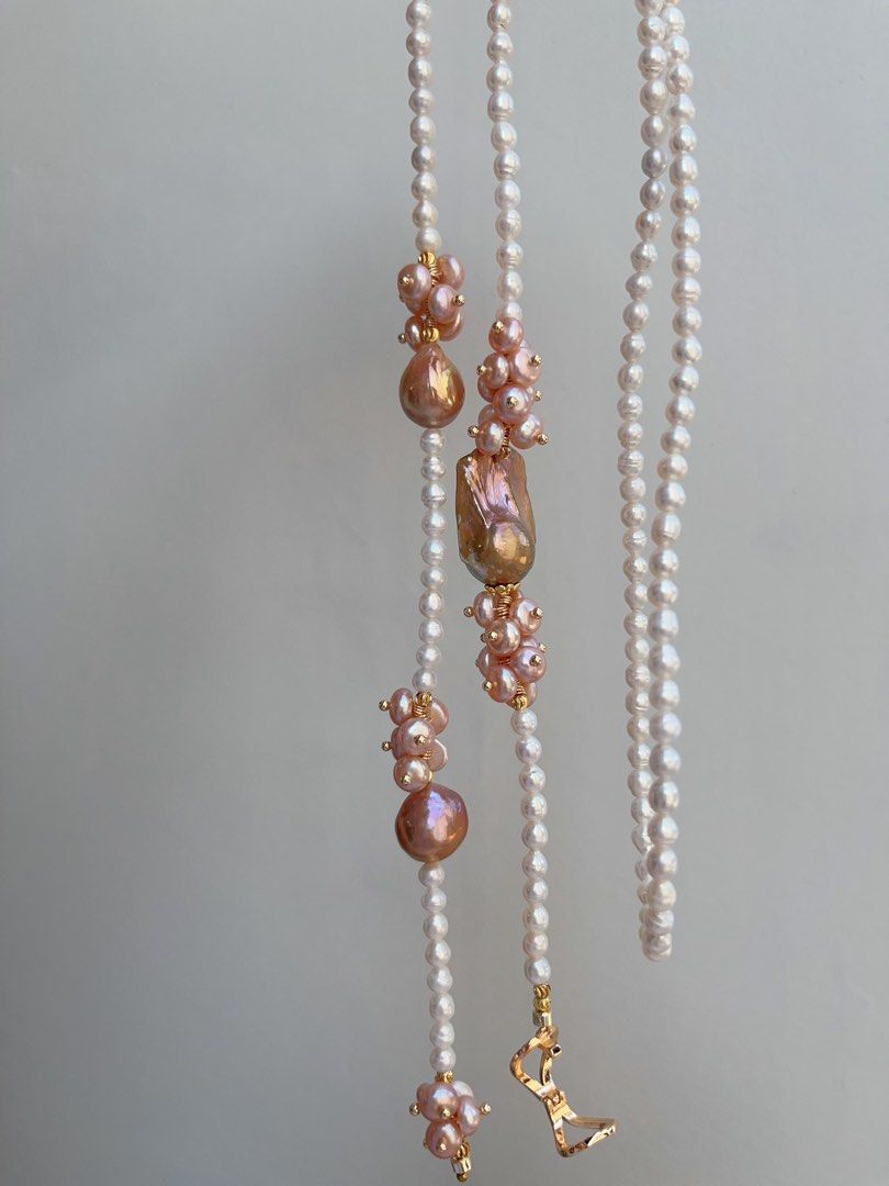 #PN972 [Floral Series] Freshwater Pearl Necklace | Sweater Necklace 83cm| 2 Rounds | Baby Pearls with Growth Lines| Superb Lustre Big Fishtail Baroque | Vintage Golden | Avocado Lustre| Multiple Way of Wearing | Keep Up with Your Ever-changing Styles