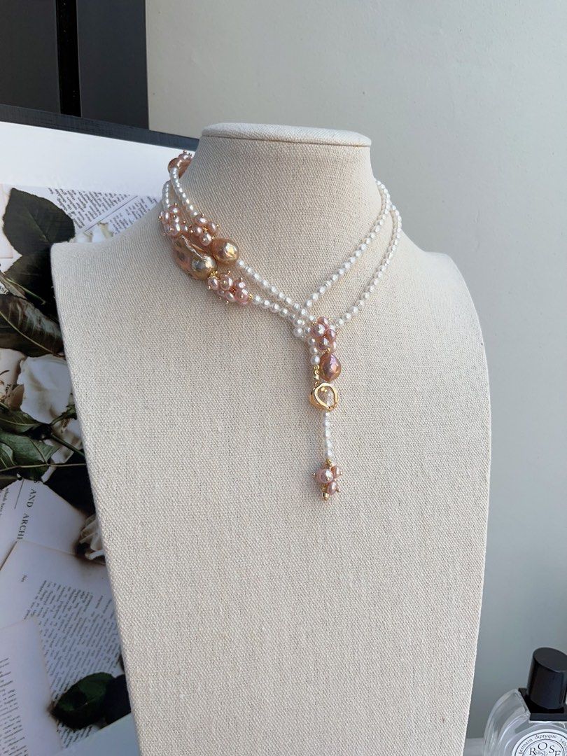 #PN972 [Floral Series] Freshwater Pearl Necklace | Sweater Necklace 83cm| 2 Rounds | Baby Pearls with Growth Lines| Superb Lustre Big Fishtail Baroque | Vintage Golden | Avocado Lustre| Multiple Way of Wearing | Keep Up with Your Ever-changing Styles