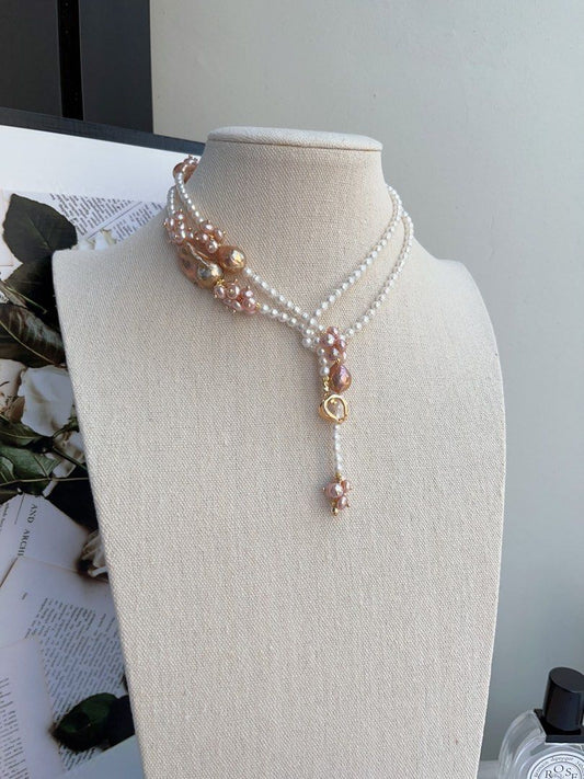 #PN972 [Floral Series] Freshwater Pearl Necklace | Sweater Necklace 83cm| 2 Rounds | Baby Pearls with Growth Lines| Superb Lustre Big Fishtail Baroque | Vintage Golden | Avocado Lustre| Multiple Way of Wearing | Keep Up with Your Ever-changing Styles