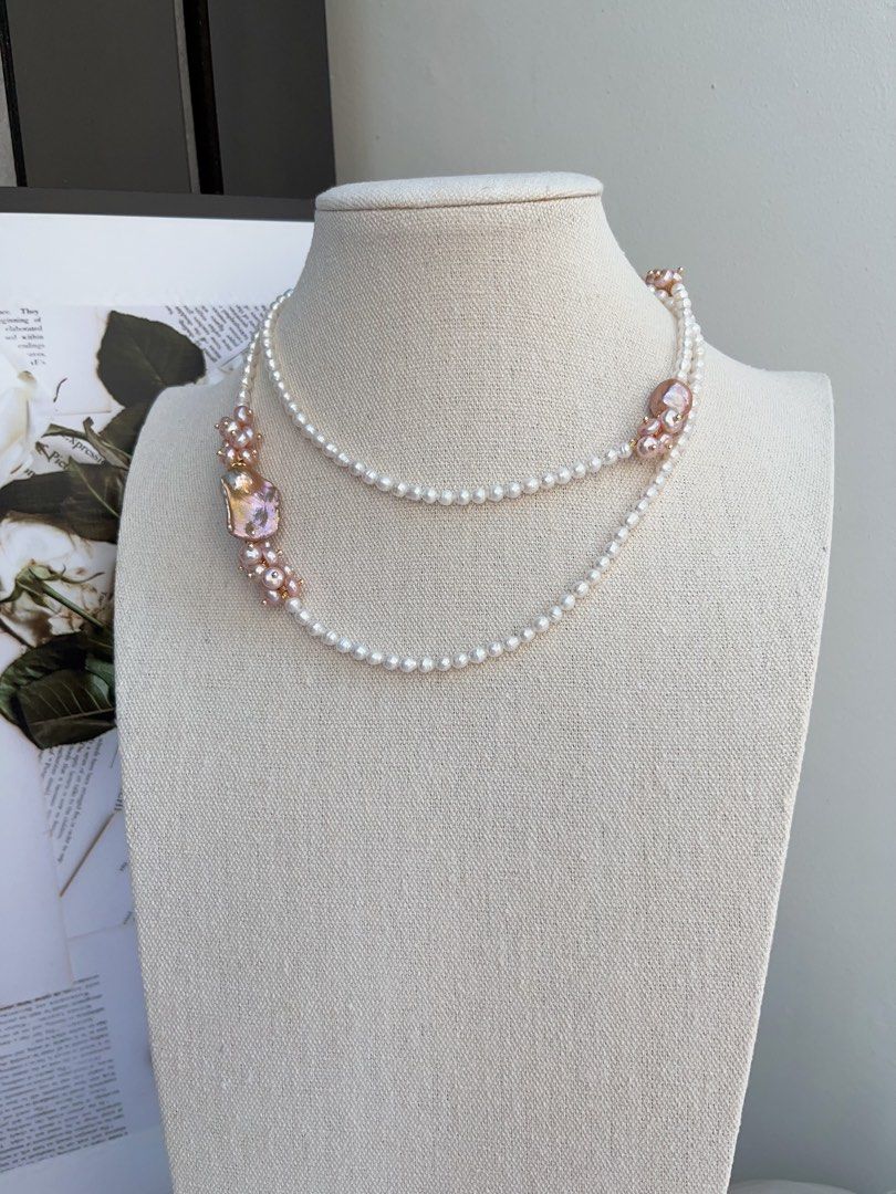 #PN972 [Floral Series] Freshwater Pearl Necklace | Sweater Necklace 83cm| 2 Rounds | Baby Pearls with Growth Lines| Superb Lustre Big Fishtail Baroque | Vintage Golden | Avocado Lustre| Multiple Way of Wearing | Keep Up with Your Ever-changing Styles