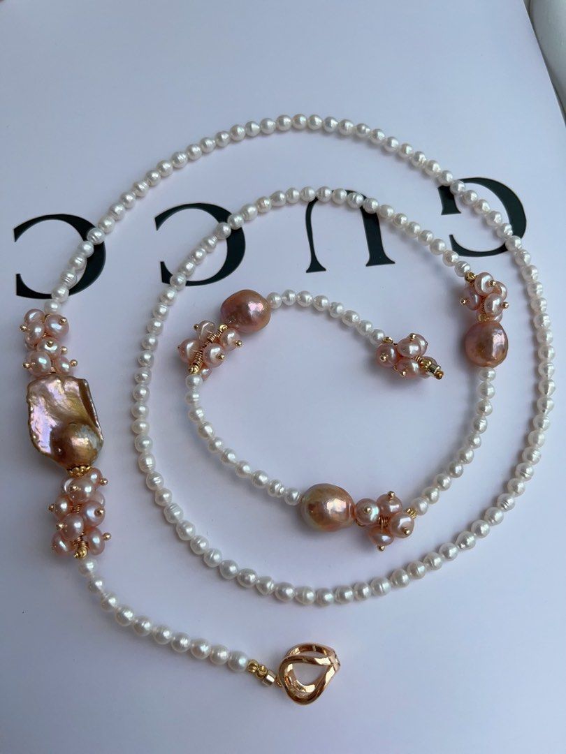 #PN972 [Floral Series] Freshwater Pearl Necklace | Sweater Necklace 83cm| 2 Rounds | Baby Pearls with Growth Lines| Superb Lustre Big Fishtail Baroque | Vintage Golden | Avocado Lustre| Multiple Way of Wearing | Keep Up with Your Ever-changing Styles