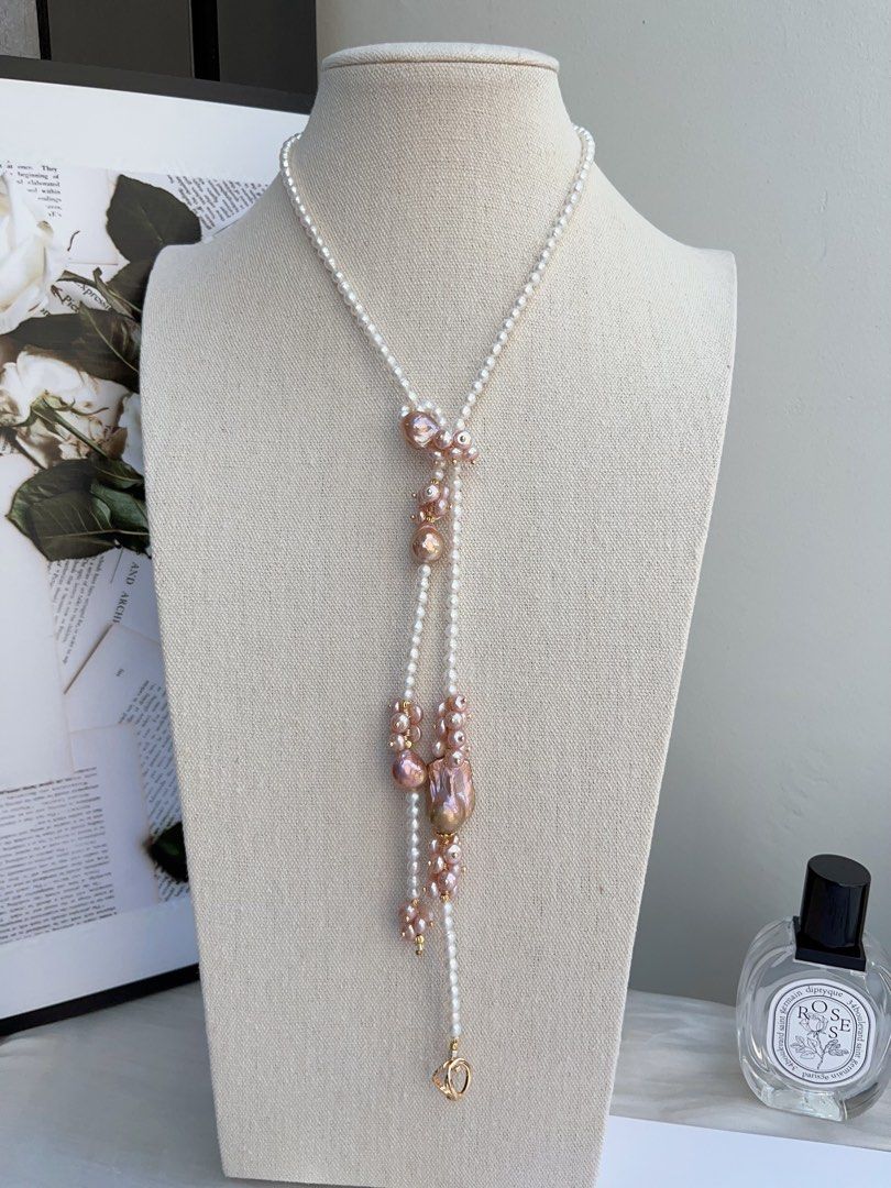 #PN972 [Floral Series] Freshwater Pearl Necklace | Sweater Necklace 83cm| 2 Rounds | Baby Pearls with Growth Lines| Superb Lustre Big Fishtail Baroque | Vintage Golden | Avocado Lustre| Multiple Way of Wearing | Keep Up with Your Ever-changing Styles