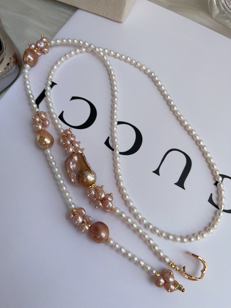 #PN972 [Floral Series] Freshwater Pearl Necklace | Sweater Necklace 83cm| 2 Rounds | Baby Pearls with Growth Lines| Superb Lustre Big Fishtail Baroque | Vintage Golden | Avocado Lustre| Multiple Way of Wearing | Keep Up with Your Ever-changing Styles