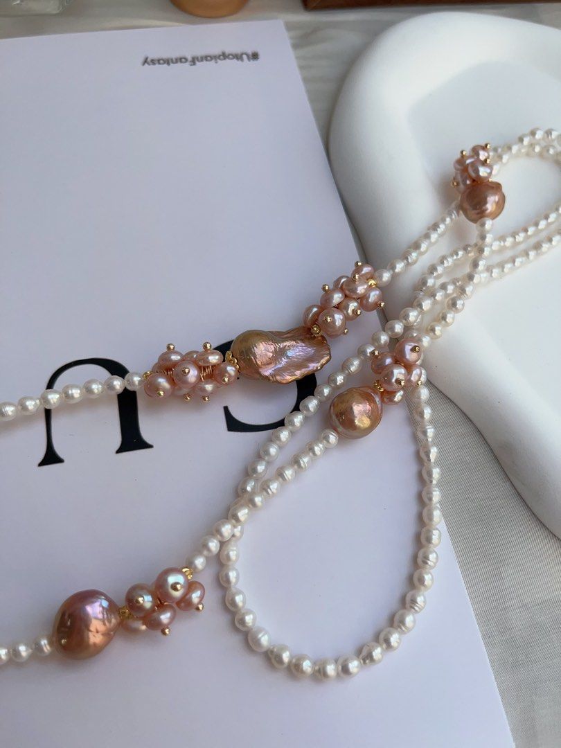 #PN972 [Floral Series] Freshwater Pearl Necklace | Sweater Necklace 83cm| 2 Rounds | Baby Pearls with Growth Lines| Superb Lustre Big Fishtail Baroque | Vintage Golden | Avocado Lustre| Multiple Way of Wearing | Keep Up with Your Ever-changing Styles
