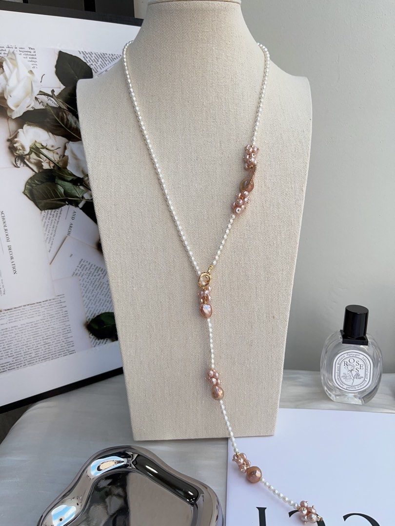 #PN972 [Floral Series] Freshwater Pearl Necklace | Sweater Necklace 83cm| 2 Rounds | Baby Pearls with Growth Lines| Superb Lustre Big Fishtail Baroque | Vintage Golden | Avocado Lustre| Multiple Way of Wearing | Keep Up with Your Ever-changing Styles