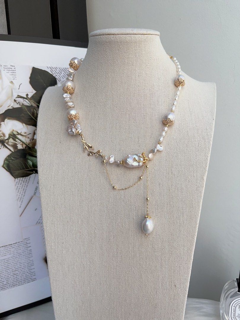 #PN974 [Floral Series] Freshwater Pearl Necklace | Bird on the Branch | Lustrous Baroque 13-14mm| Petal Pearl | Fishtail Baroque | 46cm| Dangling Design | Good Things to Happen