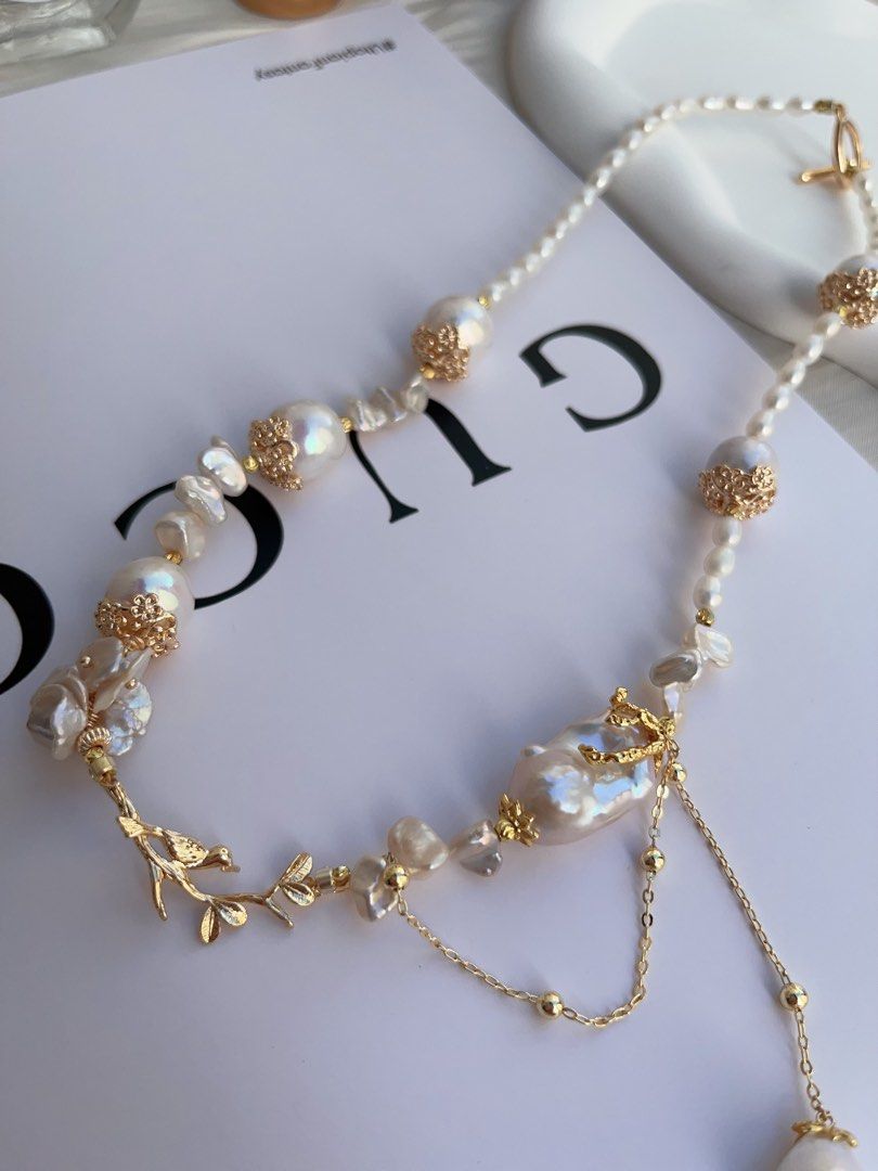 #PN974 [Floral Series] Freshwater Pearl Necklace | Bird on the Branch | Lustrous Baroque 13-14mm| Petal Pearl | Fishtail Baroque | 46cm| Dangling Design | Good Things to Happen