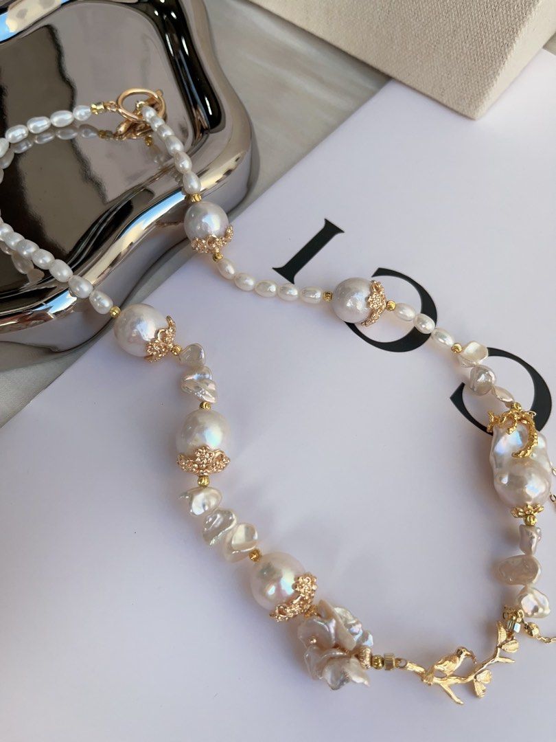 #PN974 [Floral Series] Freshwater Pearl Necklace | Bird on the Branch | Lustrous Baroque 13-14mm| Petal Pearl | Fishtail Baroque | 46cm| Dangling Design | Good Things to Happen