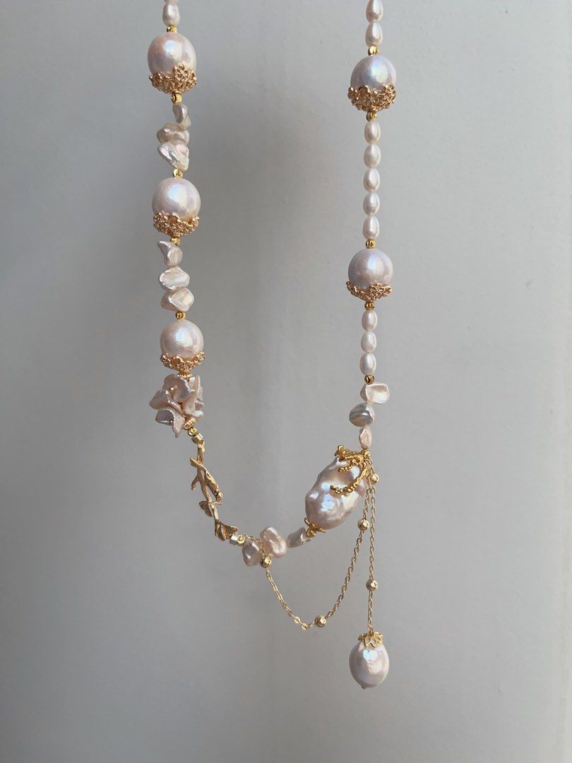 #PN974 [Floral Series] Freshwater Pearl Necklace | Bird on the Branch | Lustrous Baroque 13-14mm| Petal Pearl | Fishtail Baroque | 46cm| Dangling Design | Good Things to Happen