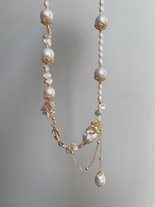 #PN974 [Floral Series] Freshwater Pearl Necklace | Bird on the Branch | Lustrous Baroque 13-14mm| Petal Pearl | Fishtail Baroque | 46cm| Dangling Design | Good Things to Happen