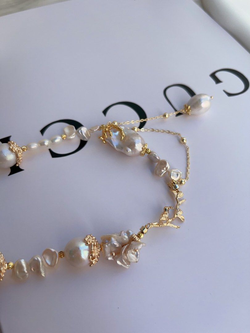 #PN974 [Floral Series] Freshwater Pearl Necklace | Bird on the Branch | Lustrous Baroque 13-14mm| Petal Pearl | Fishtail Baroque | 46cm| Dangling Design | Good Things to Happen