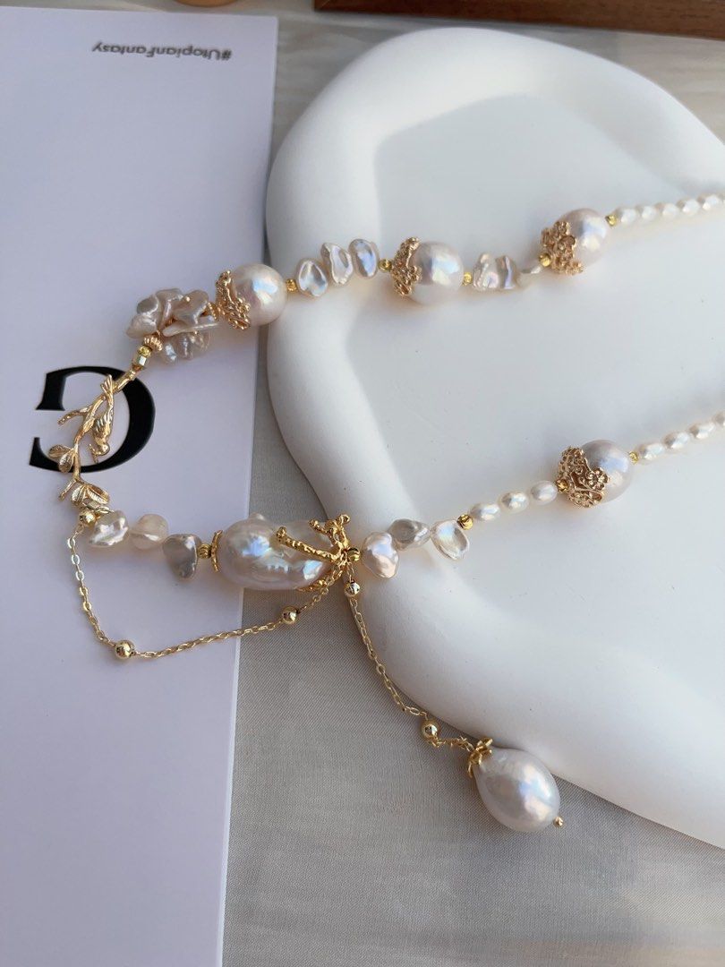 #PN974 [Floral Series] Freshwater Pearl Necklace | Bird on the Branch | Lustrous Baroque 13-14mm| Petal Pearl | Fishtail Baroque | 46cm| Dangling Design | Good Things to Happen