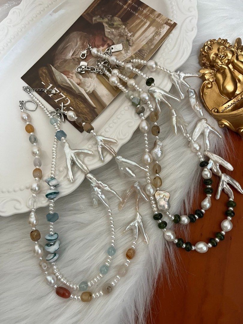 #PN975 Freshwater Pearl Necklace | Rare Chicken Claw🤣 Shaped Baroque | Faceted Aquamarine | Agate| Tsavorite Abacus | Wild Jungle Style