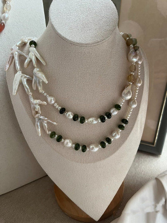 #PN975 Freshwater Pearl Necklace | Rare Chicken Claw🤣 Shaped Baroque | Faceted Aquamarine | Agate| Tsavorite Abacus | Wild Jungle Style