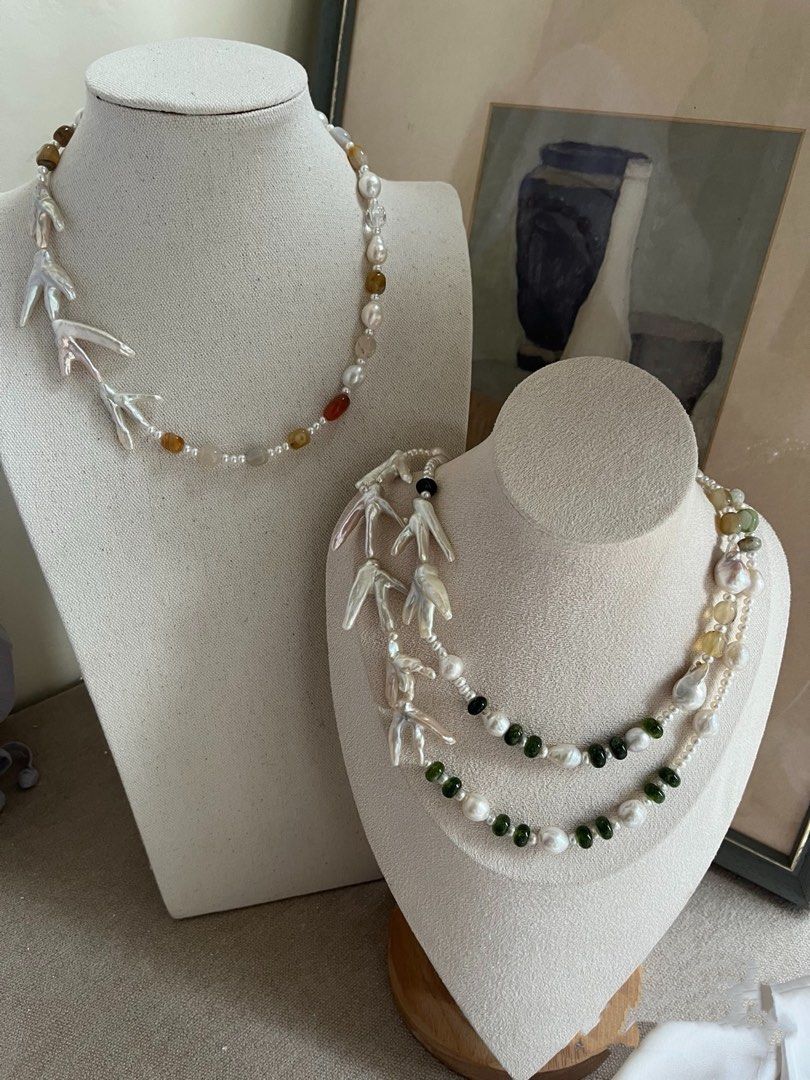 #PN975 Freshwater Pearl Necklace | Rare Chicken Claw🤣 Shaped Baroque | Faceted Aquamarine | Agate| Tsavorite Abacus | Wild Jungle Style