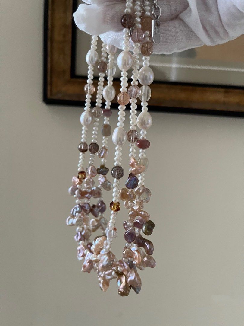 #PN976 Freshwater Pearl Necklace | Fused Silver-stone Baroque | Butterfly Like| Excellent Lustre| Super 7| Amber Cubes| Agate| Meant to Fly High| Gift 💝 Choice