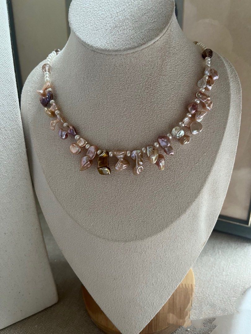#PN976 Freshwater Pearl Necklace | Fused Silver-stone Baroque | Butterfly Like| Excellent Lustre| Super 7| Amber Cubes| Agate| Meant to Fly High| Gift 💝 Choice