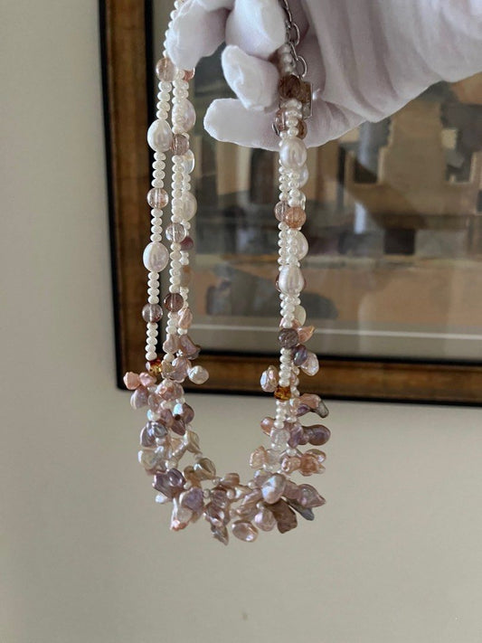 #PN976 Freshwater Pearl Necklace | Fused Silver-stone Baroque | Butterfly Like| Excellent Lustre| Super 7| Amber Cubes| Agate| Meant to Fly High| Gift 💝 Choice