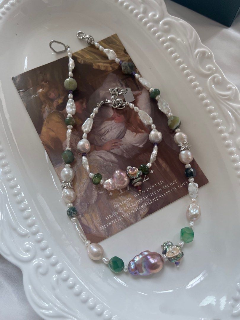 #PN977 [Floral Series] Freshwater Pearl Necklace & Bracelet Set | Colourful Petals| Silver-stone Baroque | Purple Lustrous Fishtail Baroque | Green Faceted Agate| Clover| Moss Agate| Green Forest 🌳 | Perfect for Gift 🎁