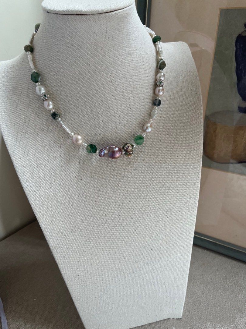#PN977 [Floral Series] Freshwater Pearl Necklace & Bracelet Set | Colourful Petals| Silver-stone Baroque | Purple Lustrous Fishtail Baroque | Green Faceted Agate| Clover| Moss Agate| Green Forest 🌳 | Perfect for Gift 🎁