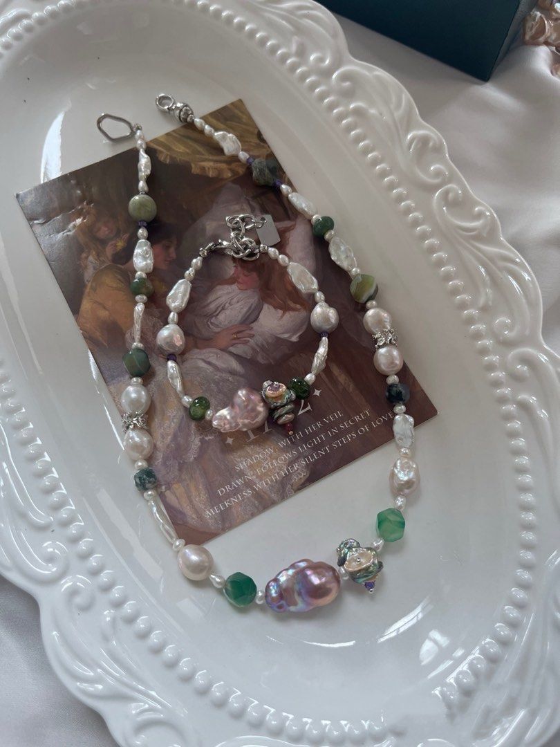 #PN977 [Floral Series] Freshwater Pearl Necklace & Bracelet Set | Colourful Petals| Silver-stone Baroque | Purple Lustrous Fishtail Baroque | Green Faceted Agate| Clover| Moss Agate| Green Forest 🌳 | Perfect for Gift 🎁