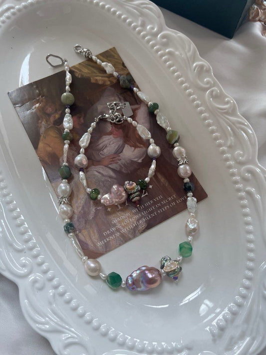 #PN977 [Floral Series] Freshwater Pearl Necklace & Bracelet Set | Colourful Petals| Silver-stone Baroque | Purple Lustrous Fishtail Baroque | Green Faceted Agate| Clover| Moss Agate| Green Forest 🌳 | Perfect for Gift 🎁