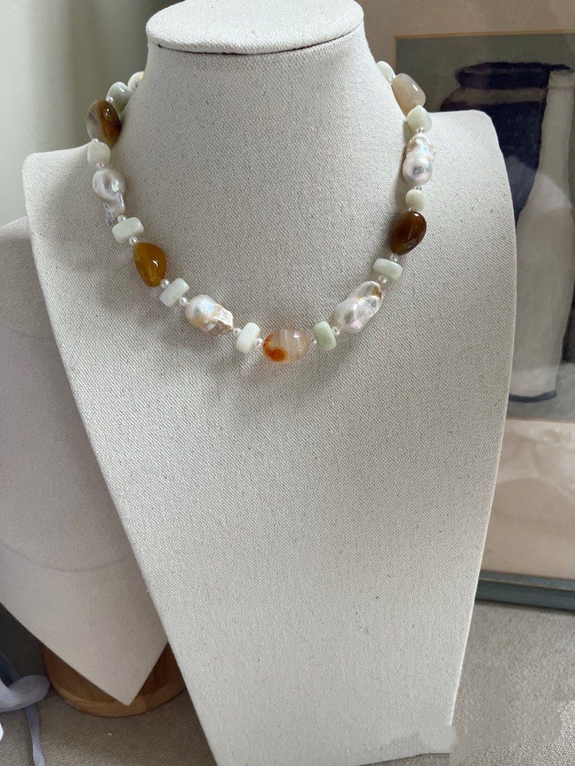 #PN978 Freshwater Pearl Necklace & Bracelet Set | Fishtail Baroque Pearl | Big Agate Freeform | Jade Block| Baby Pearl | Tender Power| Birthday Gift 💝