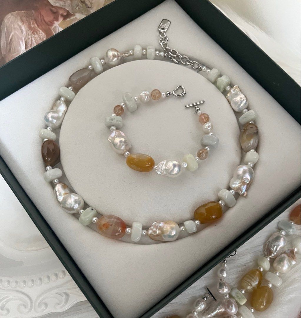 #PN978 Freshwater Pearl Necklace & Bracelet Set | Fishtail Baroque Pearl | Big Agate Freeform | Jade Block| Baby Pearl | Tender Power| Birthday Gift 💝