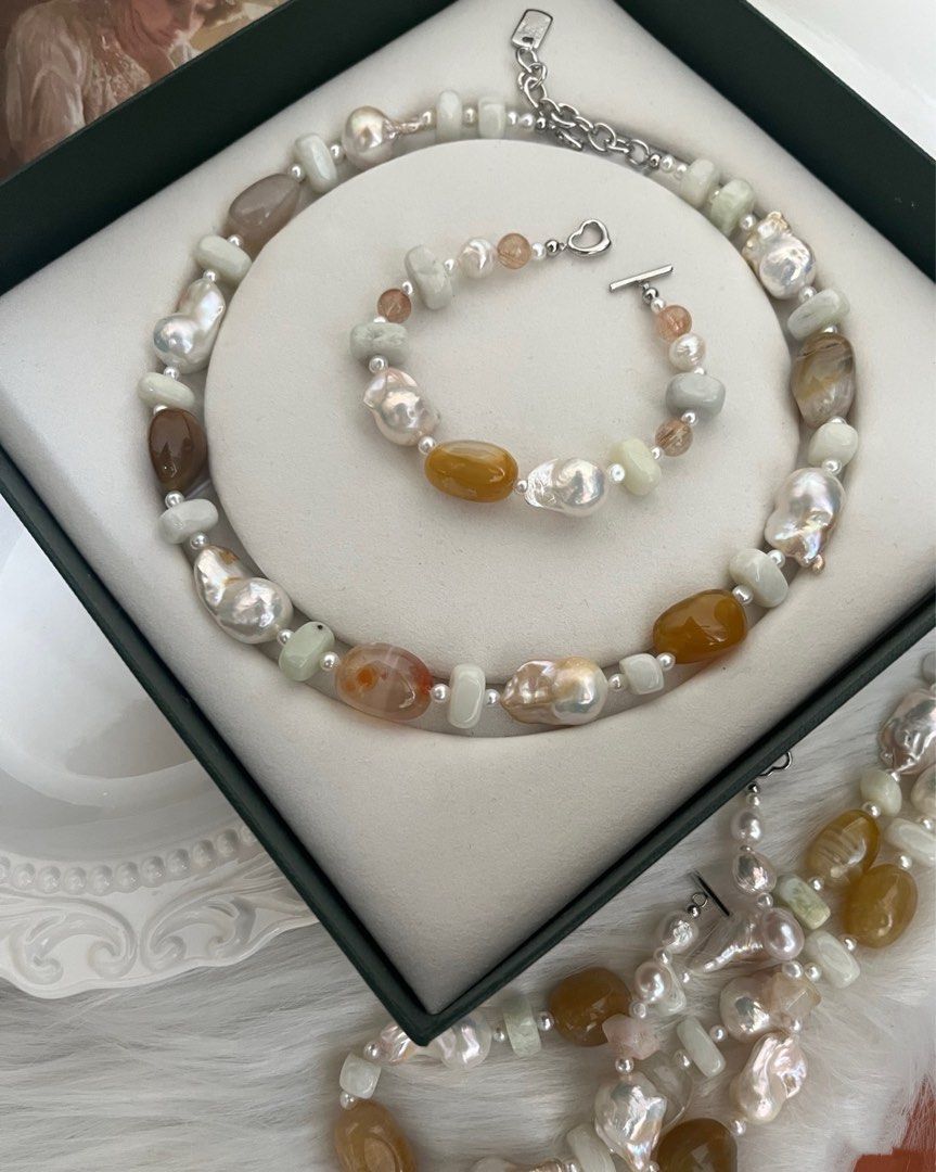 #PN978 Freshwater Pearl Necklace & Bracelet Set | Fishtail Baroque Pearl | Big Agate Freeform | Jade Block| Baby Pearl | Tender Power| Birthday Gift 💝