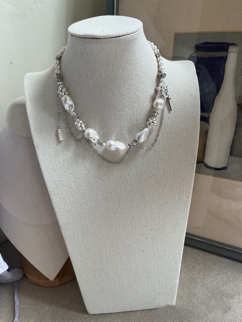 #PN979 [Floral Series] Freshwater Pearl Necklace | Wedding Mood| Silver Cold Lustre | Fishtail Baroque | Dangling Chains| Cross| Zircon Clasp| Lustrous Pearl | Perfect for Wedding, Anniversary Gift 💝