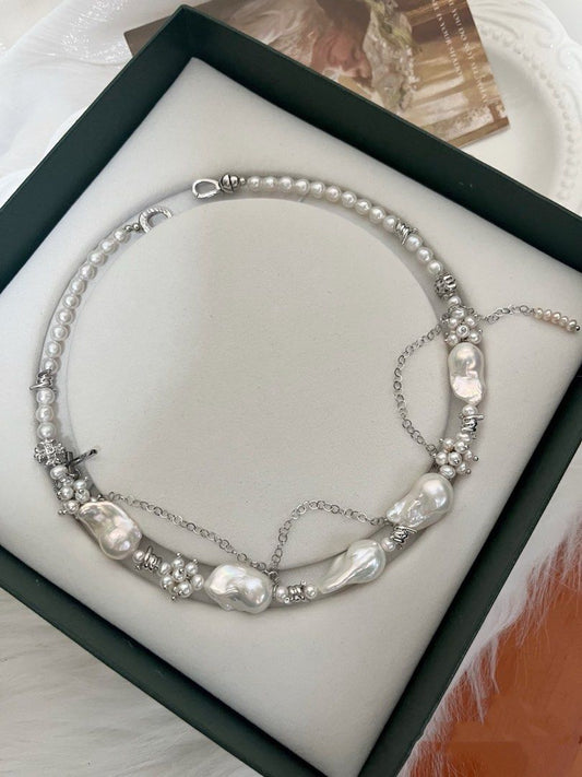 #PN979 [Floral Series] Freshwater Pearl Necklace | Wedding Mood| Silver Cold Lustre | Fishtail Baroque | Dangling Chains| Cross| Zircon Clasp| Lustrous Pearl | Perfect for Wedding, Anniversary Gift 💝