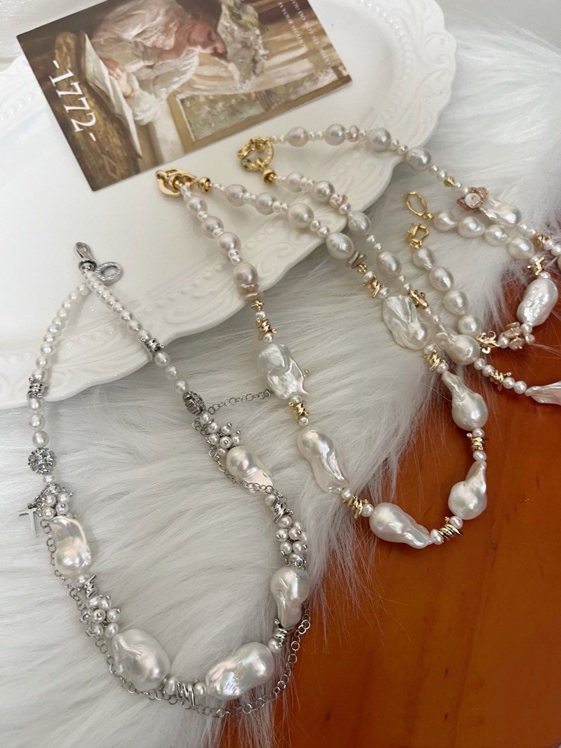 #PN979 [Floral Series] Freshwater Pearl Necklace | Wedding Mood| Silver Cold Lustre | Fishtail Baroque | Dangling Chains| Cross| Zircon Clasp| Lustrous Pearl | Perfect for Wedding, Anniversary Gift 💝