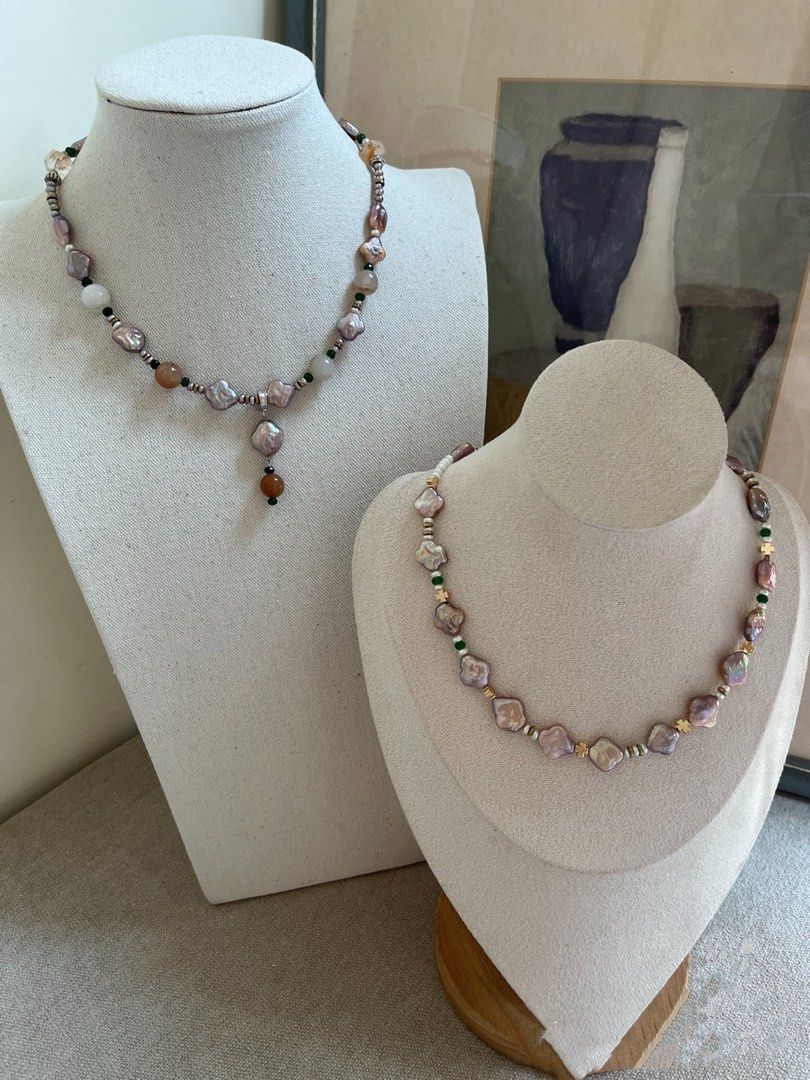 #PN981 Freshwater Pearl Necklace | Lucky Clover 🍀 | Purple Metallic Lustrous | Agate| Fire Quartz | Removable Pendant | Baby UFO Pearl| 43.5cm| Birthday Gift 💝