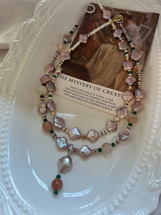 #PN981 Freshwater Pearl Necklace | Lucky Clover 🍀 | Purple Metallic Lustrous | Agate| Fire Quartz | Removable Pendant | Baby UFO Pearl| 43.5cm| Birthday Gift 💝