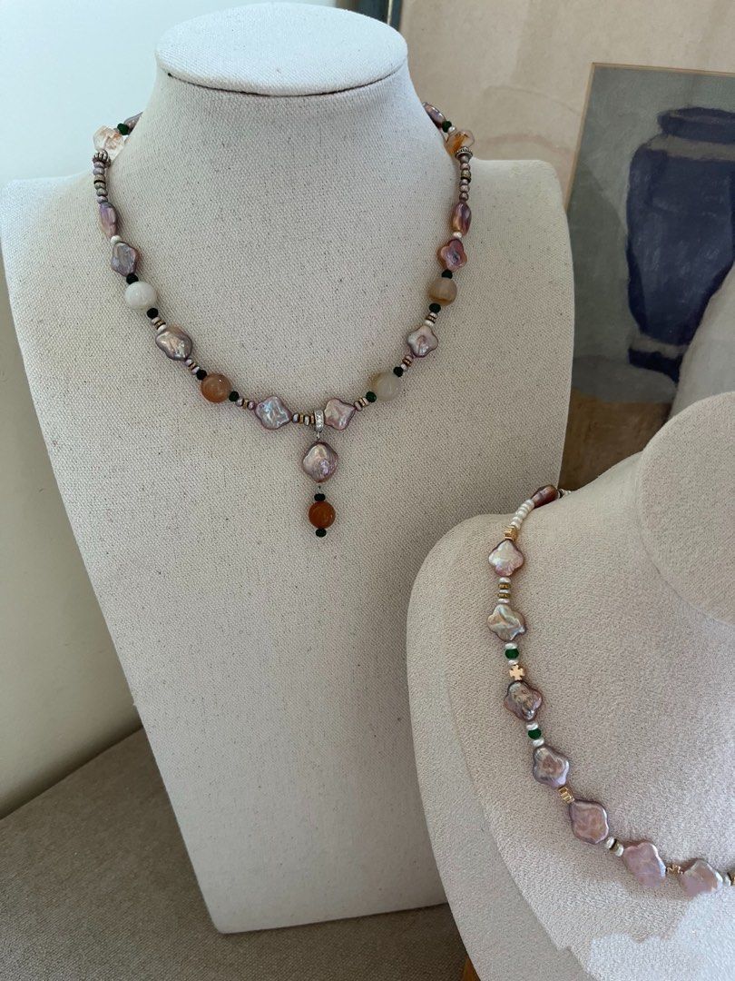 #PN981 Freshwater Pearl Necklace | Lucky Clover 🍀 | Purple Metallic Lustrous | Agate| Fire Quartz | Removable Pendant | Baby UFO Pearl| 43.5cm| Birthday Gift 💝