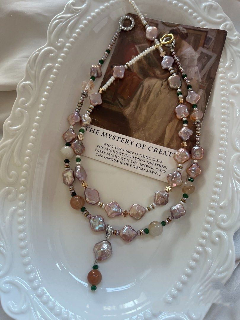 #PN981 Freshwater Pearl Necklace | Lucky Clover 🍀 | Purple Metallic Lustrous | Agate| Fire Quartz | Removable Pendant | Baby UFO Pearl| 43.5cm| Birthday Gift 💝