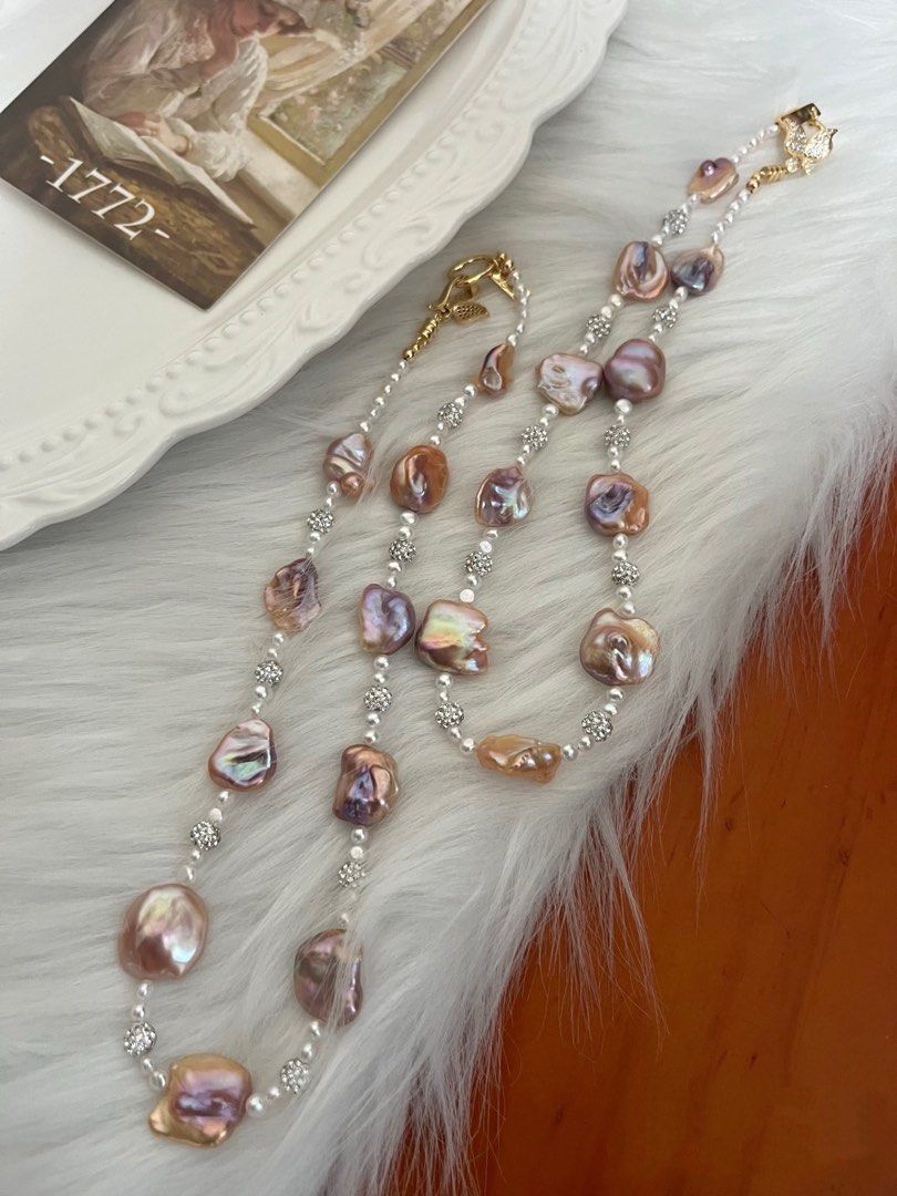 #PN982 Freshwater Pearl Necklace | Smooth Lustrous Purple-Champagne Big Petal Pearl | Baby Baroque | Zircon Butterfly Clasp| Silver&Golden Mix| High Quality | Flowing Gold | Rare