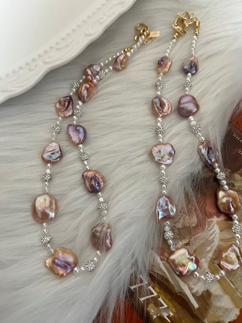 #PN982 Freshwater Pearl Necklace | Smooth Lustrous Purple-Champagne Big Petal Pearl | Baby Baroque | Zircon Butterfly Clasp| Silver&Golden Mix| High Quality | Flowing Gold | Rare