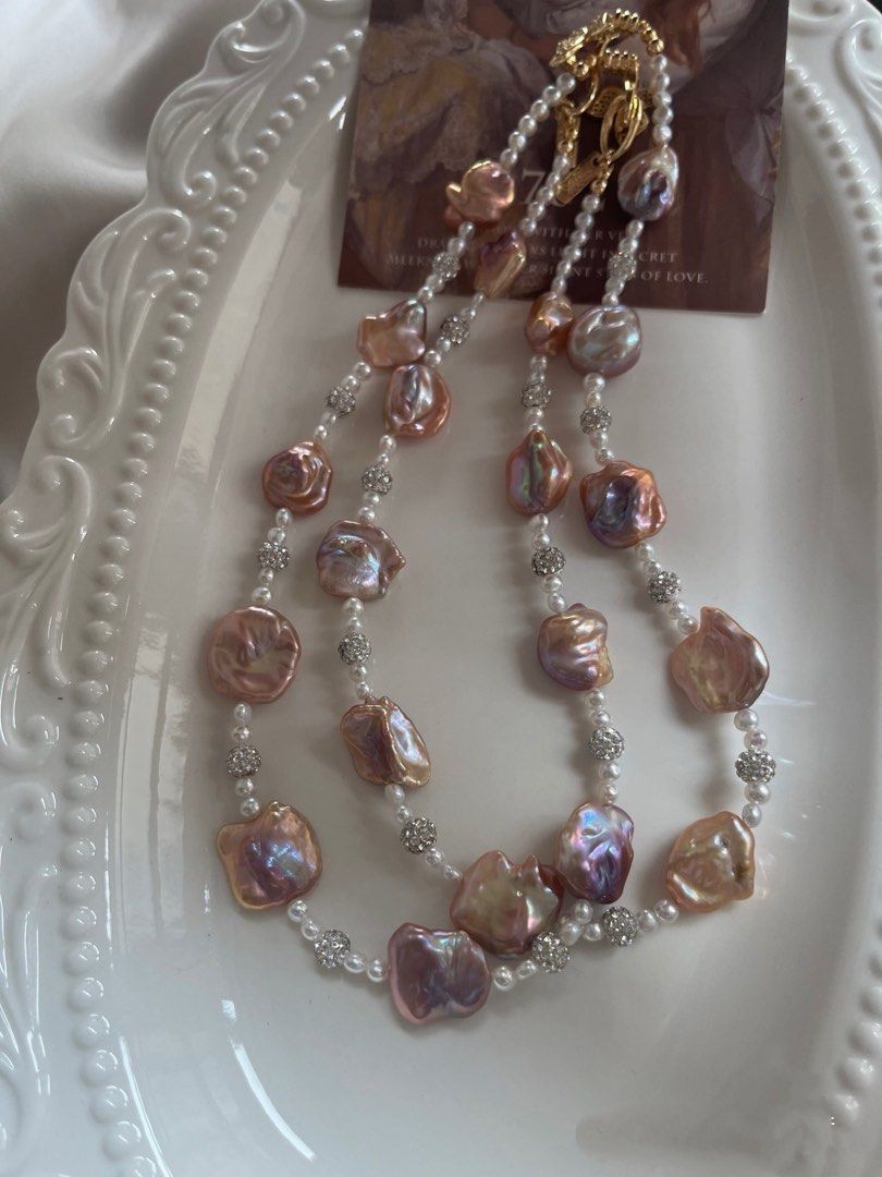 #PN982 Freshwater Pearl Necklace | Smooth Lustrous Purple-Champagne Big Petal Pearl | Baby Baroque | Zircon Butterfly Clasp| Silver&Golden Mix| High Quality | Flowing Gold | Rare