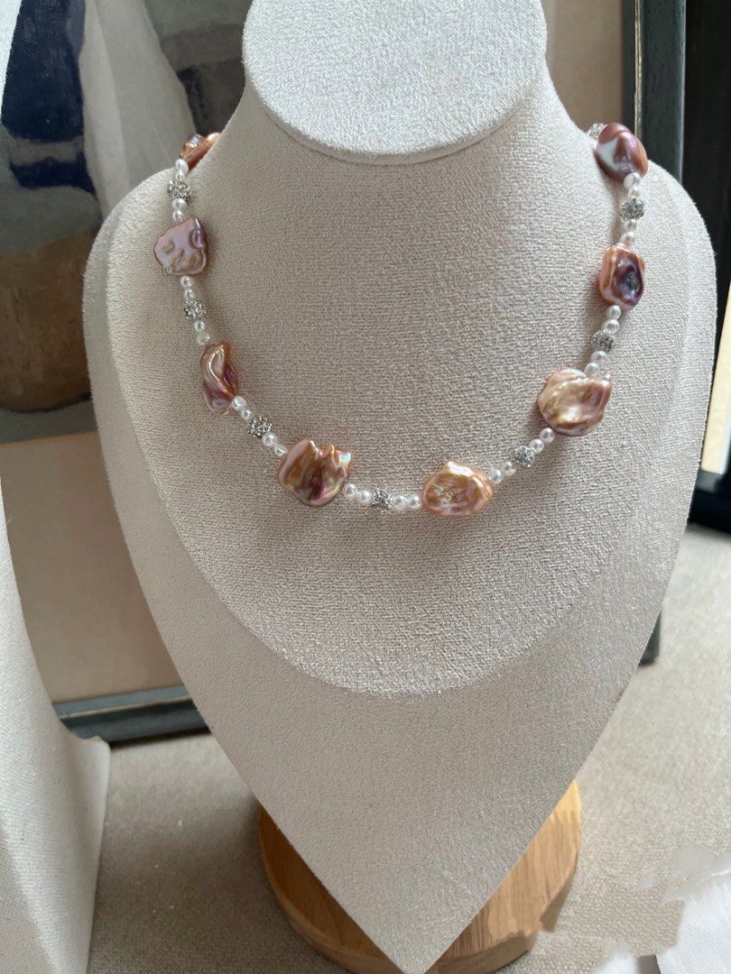 #PN982 Freshwater Pearl Necklace | Smooth Lustrous Purple-Champagne Big Petal Pearl | Baby Baroque | Zircon Butterfly Clasp| Silver&Golden Mix| High Quality | Flowing Gold | Rare