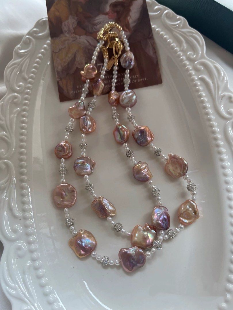 #PN982 Freshwater Pearl Necklace | Smooth Lustrous Purple-Champagne Big Petal Pearl | Baby Baroque | Zircon Butterfly Clasp| Silver&Golden Mix| High Quality | Flowing Gold | Rare